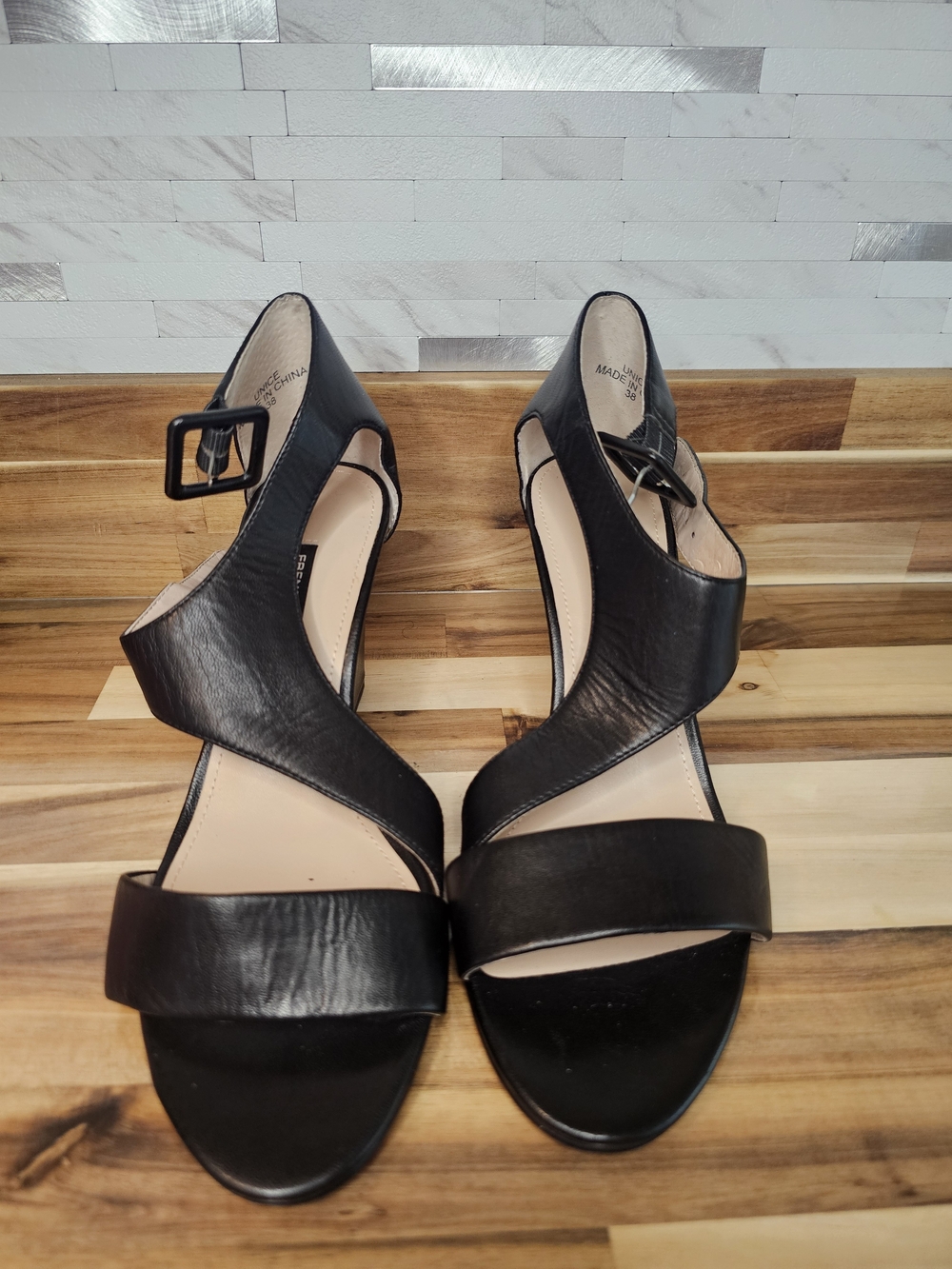 French Connection Black Strappy Leather Open-Toe Heels S11